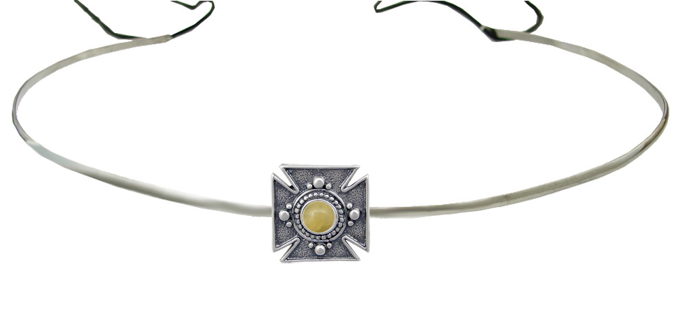 Sterling Silver Renaissance Style Medieval Cross Headpiece Circlet Tiara With Yellow Jade